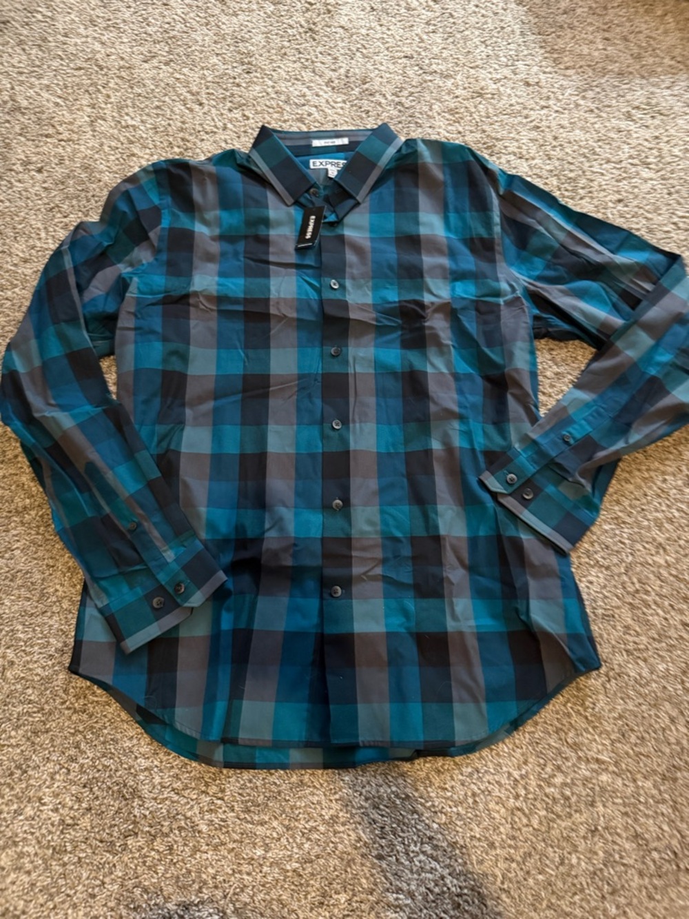 Express Men’s Teal and Black Plaid Button-Down Shirt